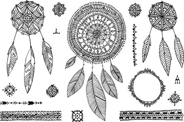 Vector decor set, collection of hand drawn doodle boho style dividers, borders, arrows, design elements, dream catchers. Isolated. May be used for wedding invitations, birthday cards, banners