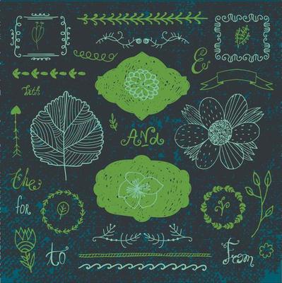 Vector set of floral decor, hand drawn doodle frames, dividers, borders, elements. Isolated. Romantic vintage collection