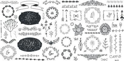 Vector set of floral decor, hand drawn doodle frames, dividers, borders, elements. Isolated. Romantic vintage collection