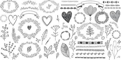 Vector set of floral decor, hand drawn doodle frames, dividers, borders, elements. Isolated. Romantic vintage collection