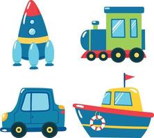 conjunto de ilustraciones vectoriales de juguetes para niños diferentes tipos de transporte de dibujos animados vector