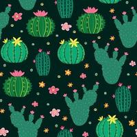 Bright Decorative Seamless Pattern with Blooming Cacti on Dark Background