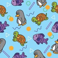 Cute Animal Penguin Turtle and Fish Seamless Pattern doodle for Kids and baby vector