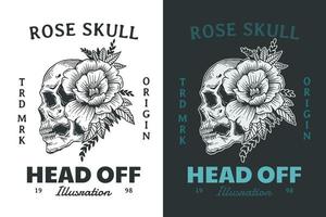 Set Skull Rose Dark illustration Beast Skull Bones Head Hand drawn Hatching Outline Symbol Tattoo Merchandise T-shirt Merch vintage vector