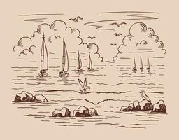 Seascape. Landscape, sea, sailboat, rocks, seagulls. Hand drawn vector illustration.