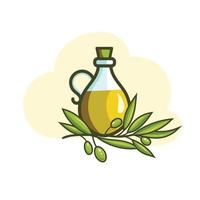 glass bottle of olive oil and olives with leaves