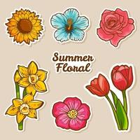 lindo doodle verano floral conjunto de pegatinas vector
