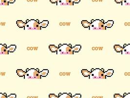 Cow cartoon character seamless pattern on yellow background.Pixel style vector