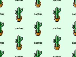Cactus cartoon character seamless pattern on green background.Pixel style vector