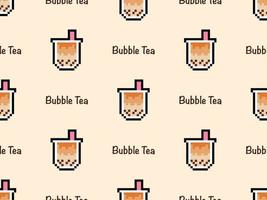 Bubble tea cartoon character seamless pattern on orange background.Pixel style vector