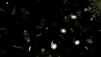 Falling glow gold digital snowflake on black background video