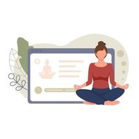 Online yoga and meditation concept with mobile. Young woman sits in lotus position and meditates against background of smartphone with yoga training site. Online training vector