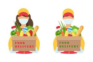 Safe food delivery. Young couriers man and girl delivering grocery order with mask and gloves during coronavirus pandemic. vector