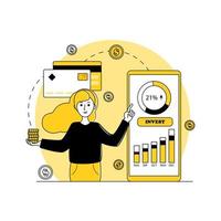 Phone with an investment application, woman with coins in her hand, investing money online. Infographics. Profit, making money, finance app, business, investment concept vector