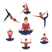 Beautiful woman doing yoga exercises. Set of seven yoga poses for easy yoga at home. Set for sport at home vector