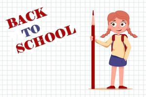 banner horizontal escolar con inscripción de regreso a la escuela. papel en jaula, linda colegiala con mochila. formación, educación. volante de plantilla, publicidad. personaje animado vector