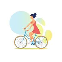 Beautiful girl in summer dress rides multicolored bicycle. Slender young woman pedals on bright bicycle. Adorable female bicyclist. Summer, warm day, rest vector