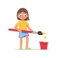Girl, Young artist holds paint brush with paint. Child dips brush into bucket of paint. Schoolgirl draws with paints. Back to school. vector