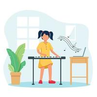 Cute girl, young girl or teenager plays synthesizer home. Online music lesson. Online learning. Isolation, quarantine. Music, musical instruments. Stay home vector