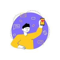 Young man with phone in his hand shows heart-shaped like. Mobile dating application, remote communication, correspondence. Concept of online correspondence vector