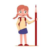 colegiala en falda con mochila tiene lápiz. De vuelta a la escuela. día del conocimiento. día del Maestro. linda chica en uniforme escolar. educación vector