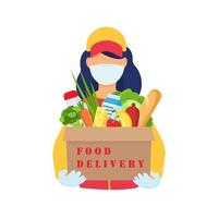 Safe food delivery. Young delivery girl delivering grocery order with a mask and gloves during the coronavirus pandemic vector