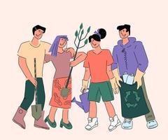 Group volunteers standing together. Young people cartoon characters helping to clean environment, volunteering and doing socially useful work. Charity banner concept. Flat Vector Illustration.