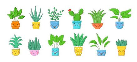 conjunto de lindos personajes de plantas de interior. macetas con caras kawaii. ilustración de dibujos animados vectoriales sobre fondo blanco. vector