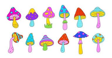 Set of mushroom in 1970 style. Psychedelic colorful abstract mushrooms. Vector illustration isolated on white background.