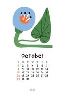 Beautiful Floral Calendar - October 2023. Botanical printable Vector template. Monthly calendar with hand drawn Flower.