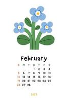 Beautiful Floral Calendar - February 2023. Botanical printable Vector template. Monthly calendar with hand drawn Flower.