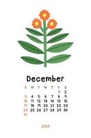 Beautiful Floral Calendar - December 2023. Botanical printable Vector template. Monthly calendar with hand drawn Flower.