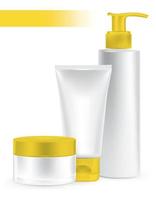 Composition of packaging containers yellow color, cream, beauty products set. vector