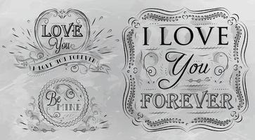 elementos de diseño de carbón sobre temas de amor de un dibujo estilizado con carbón en el tablero sobre fondo gris