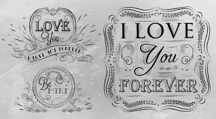 Coal design elements on themes of love of a stylized drawing with coal on the board on grey background
