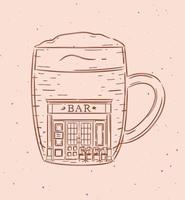 Glass of beer a storefront of bar drawing in vintage style on peach background vector