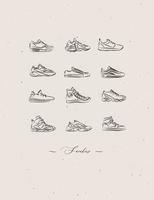 Men shoes different types of sneakers set drawing in vintage style on beige background vector