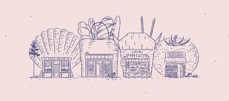 conjunto de escaparates de pescadería, panadería, comida asiática, dibujo de panadería con color azul vector
