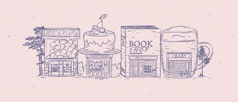 conjunto de escaparates de farmacia, confitería, librería, dibujo de barras con color azul vector