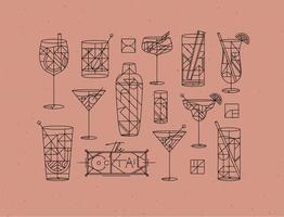 Art deco cocktails set drawing in line style on powder coral background vector