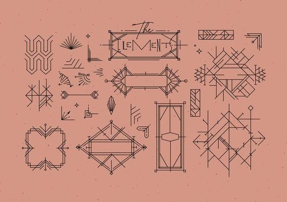 Art deco vintage design elements drawing in line style on powder coral background