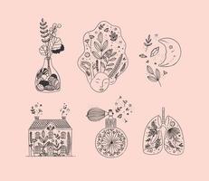 Set of floral art icons in hand made line style vase of flowers, woman face, moon, house, perfume bottle, human lungs drawing on light brown background vector