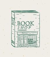 Book a storefront of bookshop drawing in vintage style on beige background vector