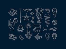 Set of creative modern art deco seafood signs in flat line style drawing on blue background. vector