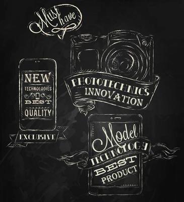 Elements on modern technology mobile tablet device camera in vintage style stylized under the chalk drawings