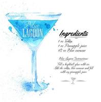 Blue Lagoon cocktails drawn watercolor blots and stains with a spray, including recipes and ingredients vector