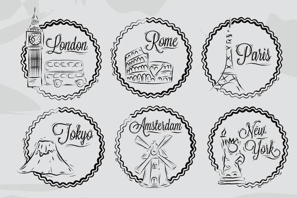 Icons with world cities, London, New York, Rome, Amsterdam, Tokyo, Paris, stylized drawing with chalk on a blackboard, a frame in round frame on a white background.
