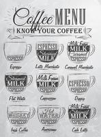 conjunto de menú de café con tazas de bebidas de café en estilo vintage estilizadas para el dibujo con carbón. Las letras conocen tu café. vector