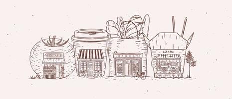 Set of storefronts grocery, cafe, bakery, asian food drawing with brown color vector
