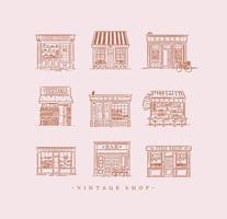Set of cafe and shops confectionery, coffee, bakery, vegetable, book, Asian food, pharmacy, bar, fish drawing in vintage style on peach background vector